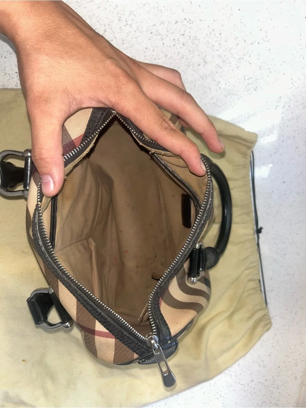 Burberry Classic Nova Check Satchel with Black Leather Handles